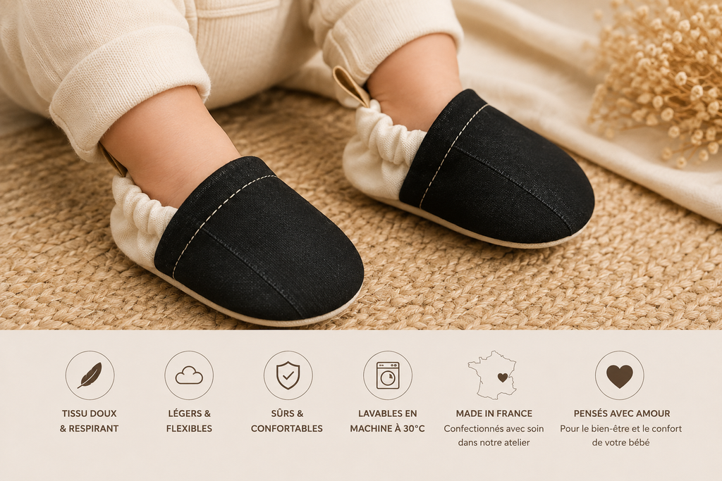 Chaussons bébé noir en tissu tunisien - Fait main
