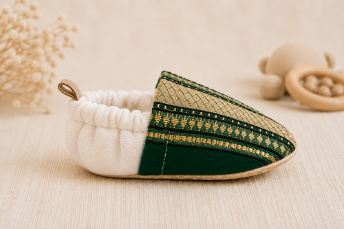 Chaussons bébé émeraude en tissu tunisien - Fait main